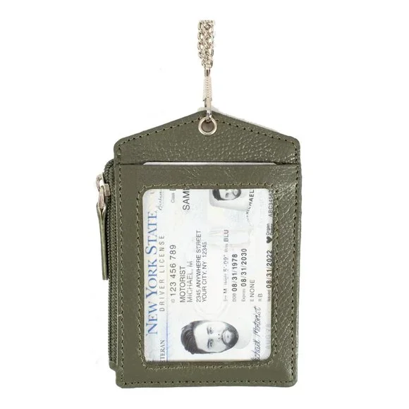 ID Lanyard Card Holder in Genuine Leather with Long Metal Chain - Picture 4 of 9